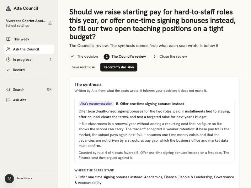 A Council review for an example school, with Alta’s recommendation, how it was counted, and where the advisors stand.