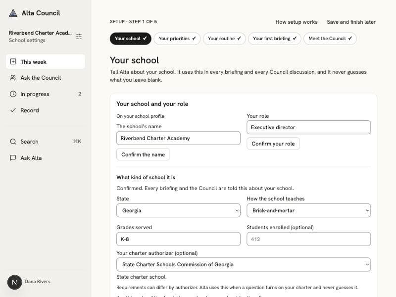 The first step of setup for an example school: its name, the leader’s role, its state, model, grades, and charter authorizer.